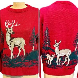 VINTAGE deer landscape nature knit sweater wildlife buck doe fawn trees 70s 80s